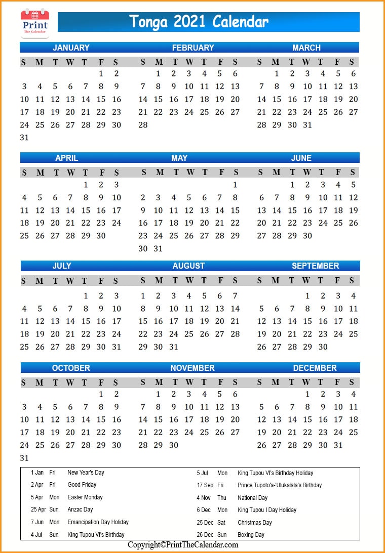 Tonga Calendar 2021